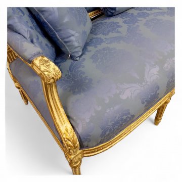 Sofa Louis XVI, goldblauer Damast, weisser Holzrahmen,+ 4x kl.Rückenkissen, 170x80x100cm, 