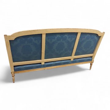Sofa Louis XVI, goldblauer Damast, weisser Holzrahmen,+ 4x kl.Rückenkissen, 170x80x100cm, 