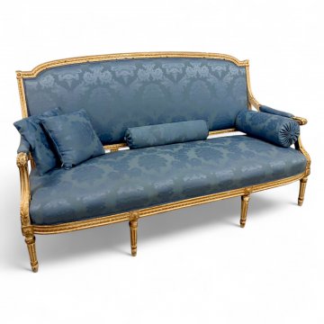 Sofa Louis XVI, goldblauer Damast, weisser Holzrahmen,+ 4x kl.Rückenkissen, 170x80x100cm, 