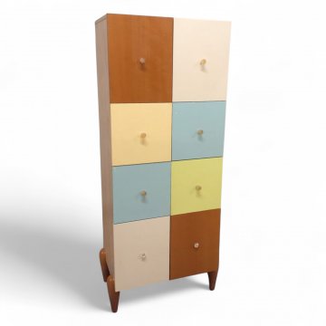 Kommode MOBILAIR, Birke, 4 Türen 4 Schübe Pastellfarben braun/weiß/gelb/blau, Griffe K.stoff, B56xT38xH145