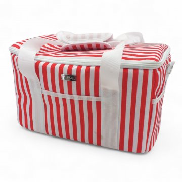 Kuhltasche, Nylon, rot weiß, gestreift, Tragegurt, Innenfutter silber, 35x25xH25cm