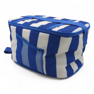 Kühltasche, Nylon, blau weiß gestreift, 35x25xH25, Tragegurt blau