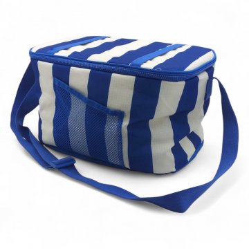 Kühltasche, Nylon, blau weiß gestreift, 35x25xH25, Tragegurt blau