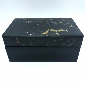 Schatulle / Deckeldose, schwarzes Acrylglas mit Facettenschliff, Deckel in Marmor Optik