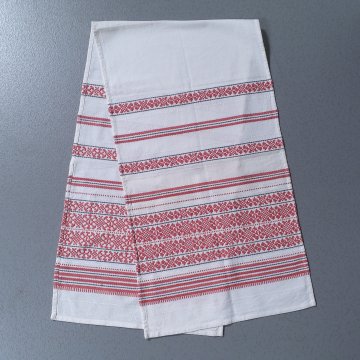 Tischläufer 40x148 Leinen, weiß, Musterblockstreifen in rot und grau