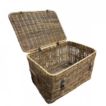 Truhe, Korbtruhe mit Deckel, braun, Griffe, Lederverschluss, Vintage, 86x60x55cm