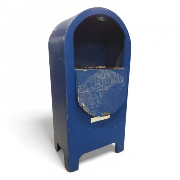 Standbriefkasten US MAIL, FB, H95xB45xT30, Holz blau, weiße Aufschrift, Oberteil halbrund, Klappe