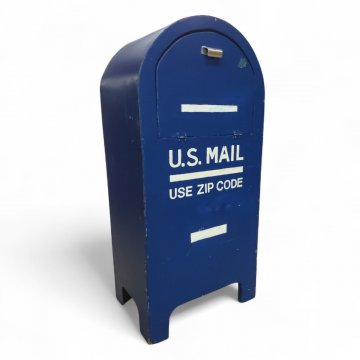 Standbriefkasten US MAIL, FB, H95xB45xT30, Holz blau, weiße Aufschrift, Oberteil halbrund, Klappe
