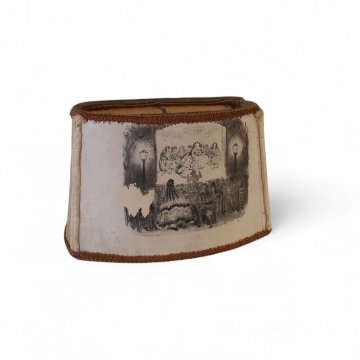 Steckschirm, E14 oval, Kunstpergament mit schwarz-weißem Motiv, zwei gold/braune Borten