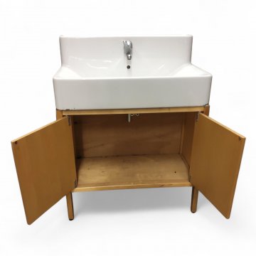 Waschtisch, Becken Keramik weiß mit Amatur, Unterschrank Birke 2-türig, H102xB80xT48