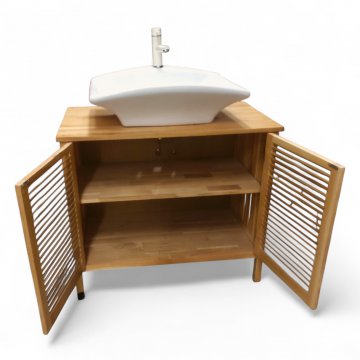 Waschtisch, Unterschrank Holz, Lamellentüren, aufgesetztes Waschbecken, rechteckig, geschwungen, Armatur weiß, H/B/T 100x100x50