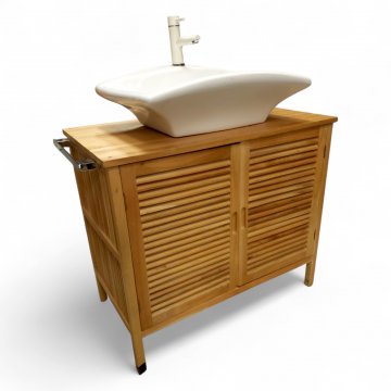 Waschtisch, Unterschrank Holz, Lamellentüren, aufgesetztes Waschbecken, rechteckig, geschwungen, Armatur weiß, H/B/T 100x100x50