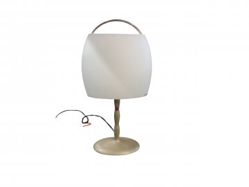 Tischlampe, BIJOU, Säule und Sockel oval Aluguß silberfarben, Glasschirm oval amethyst