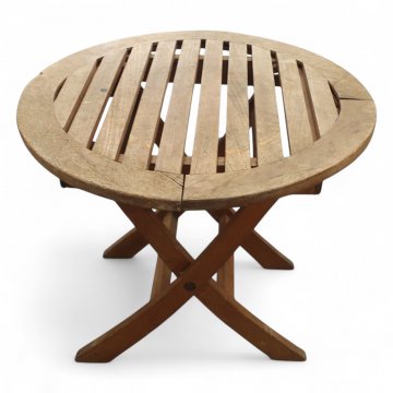 Gartenbeistelltisch, Teak, Gestell gekreuzt, Platte verlattet, Ø49 H50