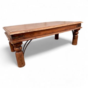 Couchtisch, Teak dkl.braun, Beine gedrechselt, Eckeisenbögen, L110xB60xH40