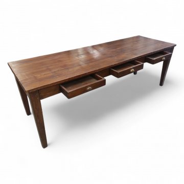 Tisch, Weichholz dkl.braun gebeizt, Beine konisch, 3 Schübe, L240xB80xH80