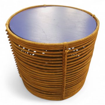Beistelltisch, Rattan, gestäbt, H 41, Ø 47, Kreuzstege, Platte (eingelegt,abnehmbar) blau