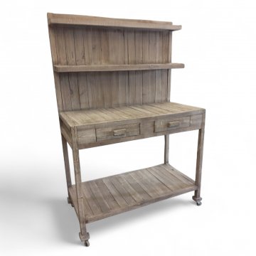 Pflanztisch, Holz grau verwittert, integrierte Rückwand mit 2 Ablagen, 2 Schubladen, Ablage unten, auf Rollen, H/B/T 180x120x60
