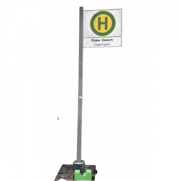 Bushaltestellenschild, Holz, 320cm mit Sockel, Säule Vierkant grau 7,5x7,5cm, Schild 70x70cm, Metallplatte als Fuß