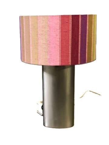 Tischlampe, Säule Zylinder rund, metall, Schirm rund, senkrechte Streifen grün, rosa, lila