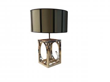 Tischlampe, Chrom, quadrat. Vierkantrohre, Flacheisen-Ovale, Schirm zylindrisch grau/schwarz