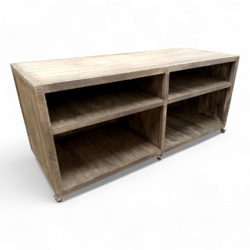 Theke/Pflanztisch, Holz grau verwittert, hinten offen, 4 Fächer, Zinkabdeckung(abnehmbar), Rollen, H/B/T 90x200x80