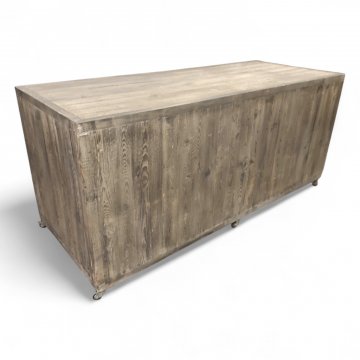 Theke/Pflanztisch, Holz grau verwittert, hinten offen, 4 Fächer, Zinkabdeckung(abnehmbar), Rollen, H/B/T 90x200x80