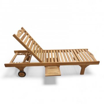 Liege/Gartenliege, Teak, Kopfteil mehrfach verstellbar, Ausziehtisch, 2 Räder, Auflage beige, H/B/T 40x200x65