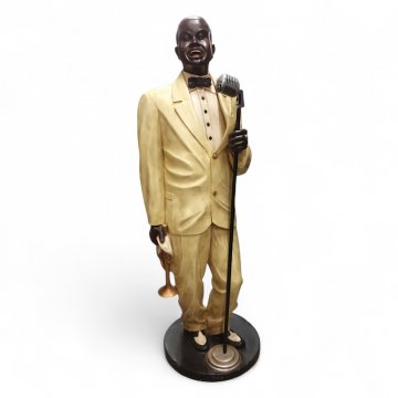 Figur LUIS ARMSTRONG, Fiberglas, gelber Anzug, Mikrofon/Trompete, Sockel schwarz, H182