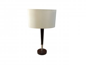 	Tischlampe Nickel matt - Holz schwarz, Schirm beige, grade+oval