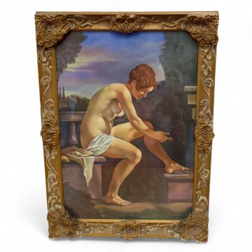 Bild ARKADIA - Frauenakt - romantische Darstellung - 18.Jahrhundert, Glas, Holzrahmen Muschelornamente Rankenverzierung gold, 57,5x43, ZW