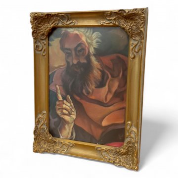Bild ALTER BÄRTIGER MANN mit erhobenen Zeigefinger - 18.Jahrhundert, Glas, Holzrahmen Muschelornamente Rankenverzierung gold, 42,5x33, ZW