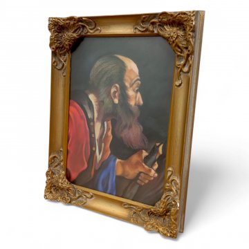 Bild ALTER BÄRTIGER MANN mit Wanderstab - 18.Jahrhundert, Glas, Holzrahmen Muschelornamente Rankenverzierung gold, 42,5x33, ZW