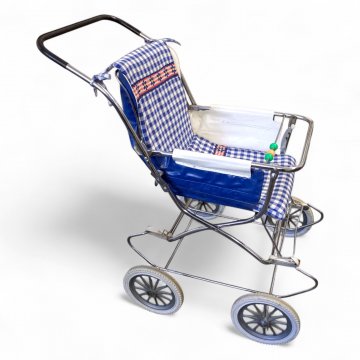 Puppenwagen - Kinderpuppenwagen 60er Jahre, verchromtes klappbares Gestell, Sitzsack Stoff blau/weiß Karomuster, Räder weiß, H70xL60