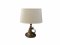 Tischlampe, Messing, runder Sockel, gedrehte Säule, runder Schirm Bordüre beige