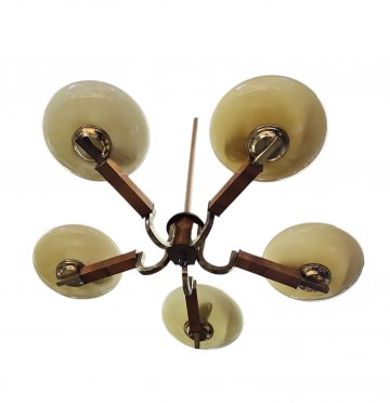 Hängelampe, 40erJ., Holz/Messing, 5-flg., eckige Wurzelholzsäule, inkl. Glasschalen