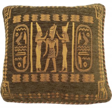 Kissen 45x45, moosgrün/gold, ägyptisches Motiv, Pharao, Hieroglyphen, rundum Kordel