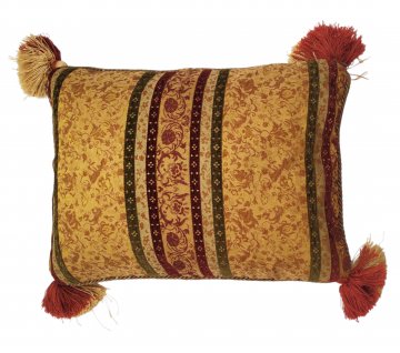 Kissen 30x44, gold/rot/grün, orient. Patchwork, Blumenmuster, Chenille, rundum Kordel, Quasten