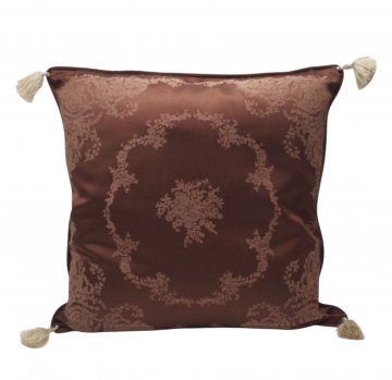 Kissen 50x50, braun mit hellbraun eingewebten, floralem Muster, 4 Quasten in beige