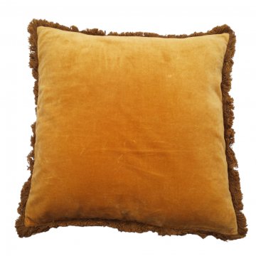 Kissen 45x45, goldgelb Samt, Rückseite bräunlich Samt, rundum Fransen in braun