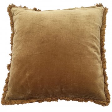 Kissen 45x45, goldgelb Samt, Rückseite bräunlich Samt, rundum Fransen in braun