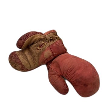 Boxhandschuhe, Paar, für Kinder, Leder rot, abgenutzt / Patina