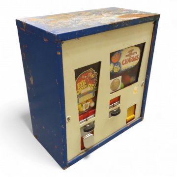 Kaugummiautomat, Metall blau/grau, 2er (1x Überraschungskugeln, 1x Kaugummi),starke Gebrauchsspuren, H/B/T 55x51x28, voll funktionstüchtig