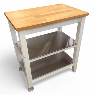 Küchenarbeitswagen,Holzgestell weiß, 2 Ablagen Edelstahl, Arbeitsplatte Leimholz Buche, 2 Rollen, H/B/T 90x80x51