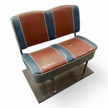 Busbank, Vollpolster Kunstleder dkl.rot/blau, Metallgestell blau/braun, 2-er, H85xB86xT60