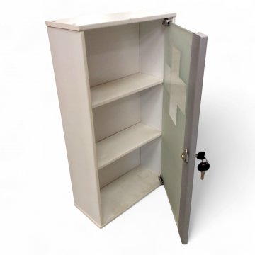 Erste-Hilfe-Schrank, MDF weiß, Glastür satiniert, abschließbar, Hängevorrichtung, H/B/T 49/27/12