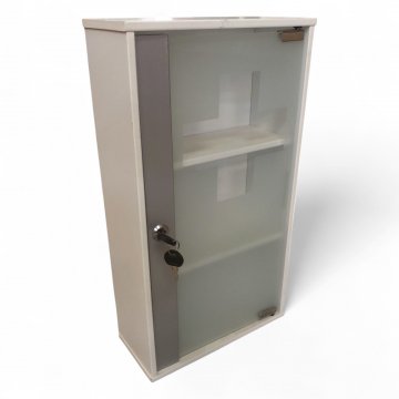 Erste-Hilfe-Schrank, MDF weiß, Glastür satiniert, abschließbar, Hängevorrichtung, H/B/T 49/27/12