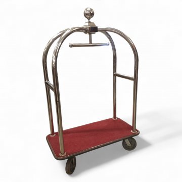 Gepäckwagen, Hotel, Chromrohrgestell, Kugelabschluß u. Kleiderstange, Stellfläche Velour rot, H185x125x65