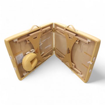 Massageliege, Bezug Leder gelb, Gestell Eiche natur, klappbar zum Transport, H/B/T 80x185x70