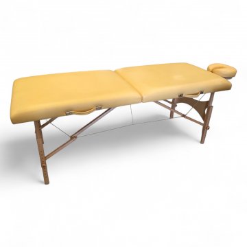 Massageliege, Bezug Leder gelb, Gestell Eiche natur, klappbar zum Transport, H/B/T 80x185x70